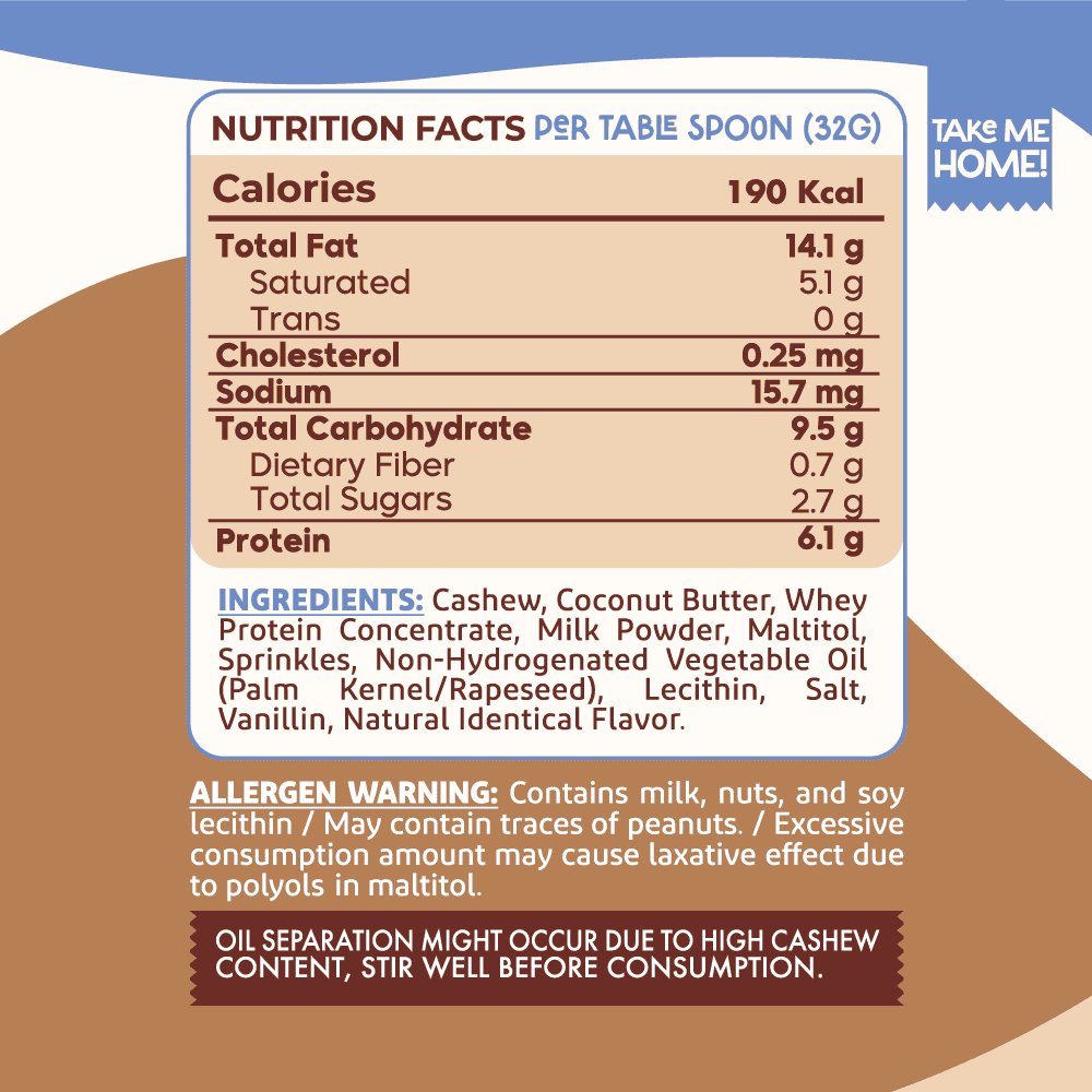 nutrition facts Cashew Spread with Vanilla Birthday Cake -200G